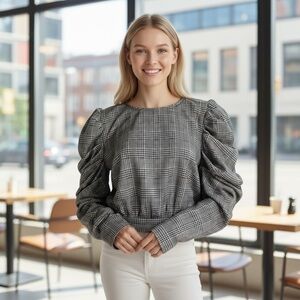 Black Houndstooth Puff Sleeve Open Back Stretch Top
New